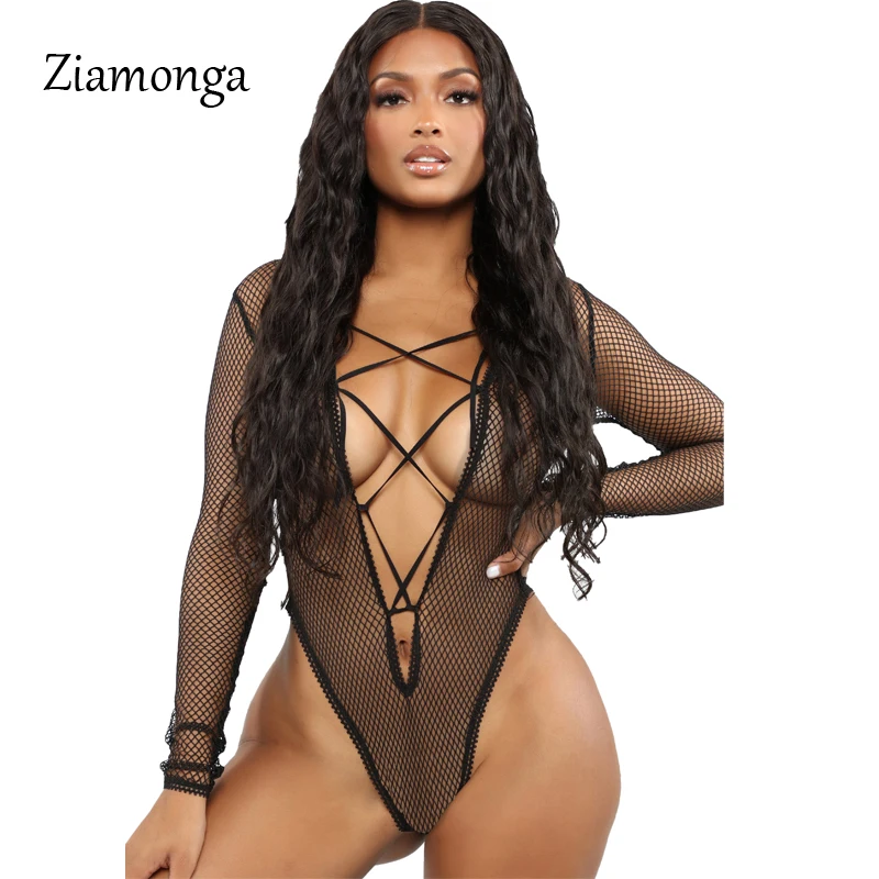 Ziamonga Black Hollow Sexy Bodysuit Women Rompers Bodycon Jumpsuit Long Sleeve Mesh Sheer See Through Lace Up |