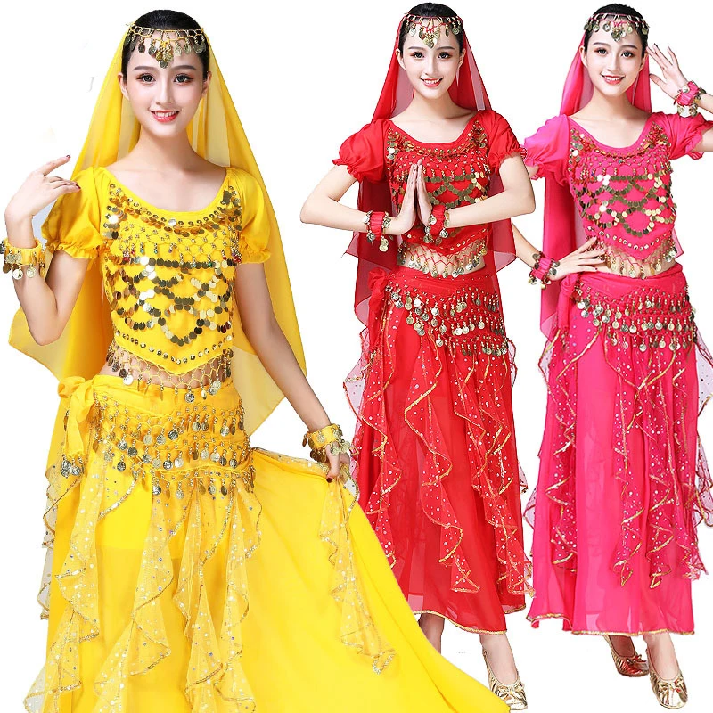 

Bollywood Belly Dance Costume Set Indian Dance Sari Bellydance Skirt Suit Women Chiffon 4pcs (Headpieces Veil Top Belt Skirt)