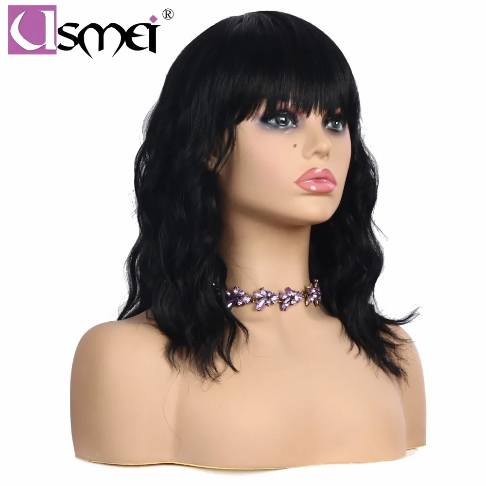 

USMEI short shoulder natural Wave synthetic Wigs neat bangs 1# cosplay Natural Black Hair wig for Women high temperature fiber