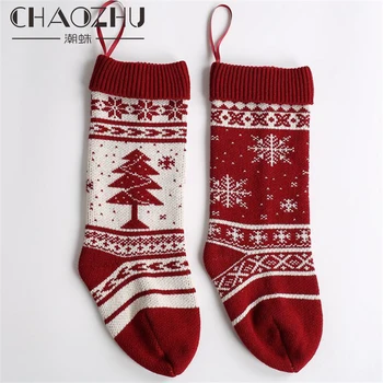 

CHAOZHU 1 Piece Christmas Tree Holidays Detailing Knitted Socks Hang Gift Socks Xmas Present White Red Twist Christmas Socks