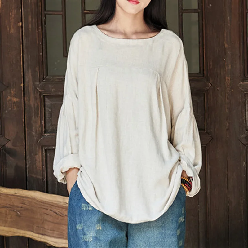 

ZANZEA Women Spring O Neck Lantern Sleeve Cotton Linen Solid Brief Shirt Loose Casual Blouse Baggy Pullover Top Plus Size