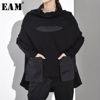 

[EAM] 2020 New Spring Autumn High Collar Long Sleeve Black Hit Color Pocket Split Joint Big Size Sweatshirt Women Fashion JQ0180