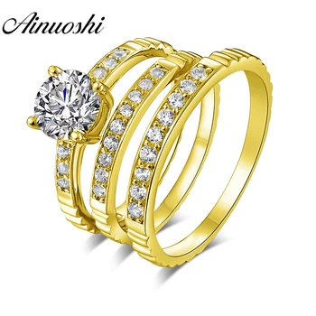

AINUOSHI Solid Gold TRIO Rings Real 14K Yellow Gold Couple Wedding Ring Set Pave Set Band Lover Engagement Wedding Rings Jewelry