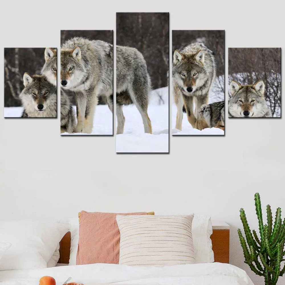 5 панельный современный холст с принтом животных постер Wolfs in the Snow HD покраска