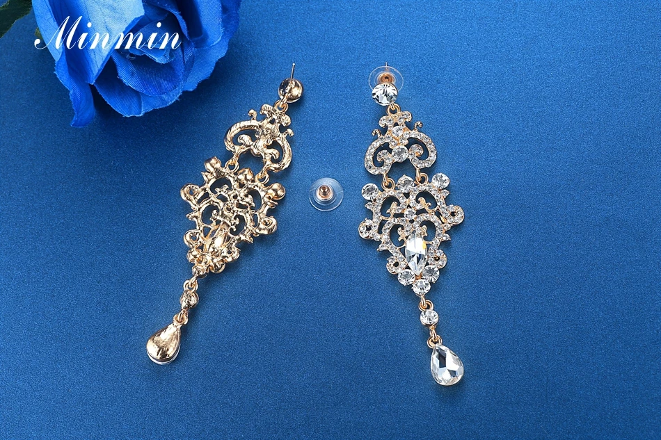 Minmin винтажные капли золотого/серебряного цвета с кристаллами женские длинные висячие серьги люстра свадебные серьги ювелирные изделия EH189