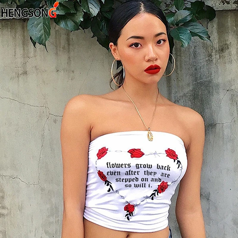 

2018 Summer Women Sexy Strapless Tube Top Flower Printed Bandeau Summer Letters Streetwear Off Shoulder Crop Top