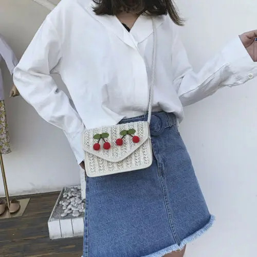 Women Boho Exotic Floral Straw Beach Messenger Bag Weave Cloth Handbag Tote Bag Ladies Hand-woven bag Smart Wallet