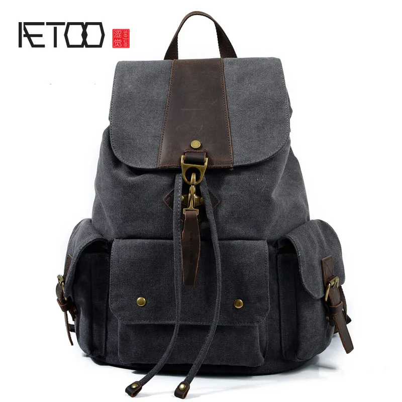 

AETOO Canvas bag shoulder bag retro with leather men's school bag backpack leisure travel computer bag