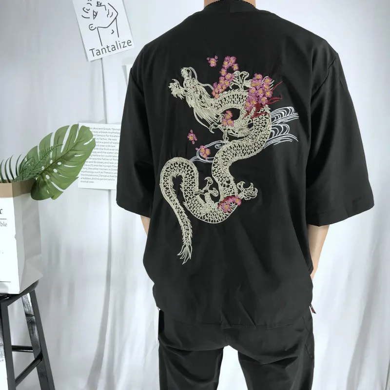Neploe Harajuku японское кимоно кардиган Винтаж Лето Вишневый дракон вышивка рубашки черный белый Chimono женская одежда