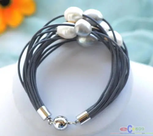 

Trendy and fashion 15row 8" 13mm white rice pearl black leather bracelet