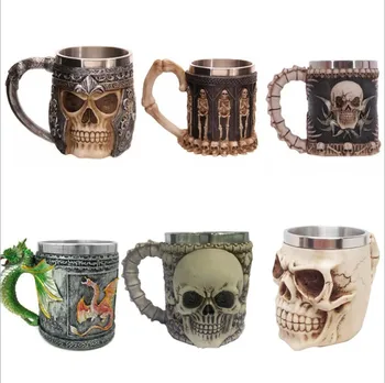 

Personalized Double Wall Stainless Steel 3D Skull Mugs Coffee Tea Bottle Mug Skull Knight Tankard Dragon Drinking Cup Kup Milk