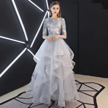 

Holievery Sequin Organza Ball Gown Long Evening Dresses with Ruffles 2020 Backless Floor Length Prom Dress Gowns Abendkleider