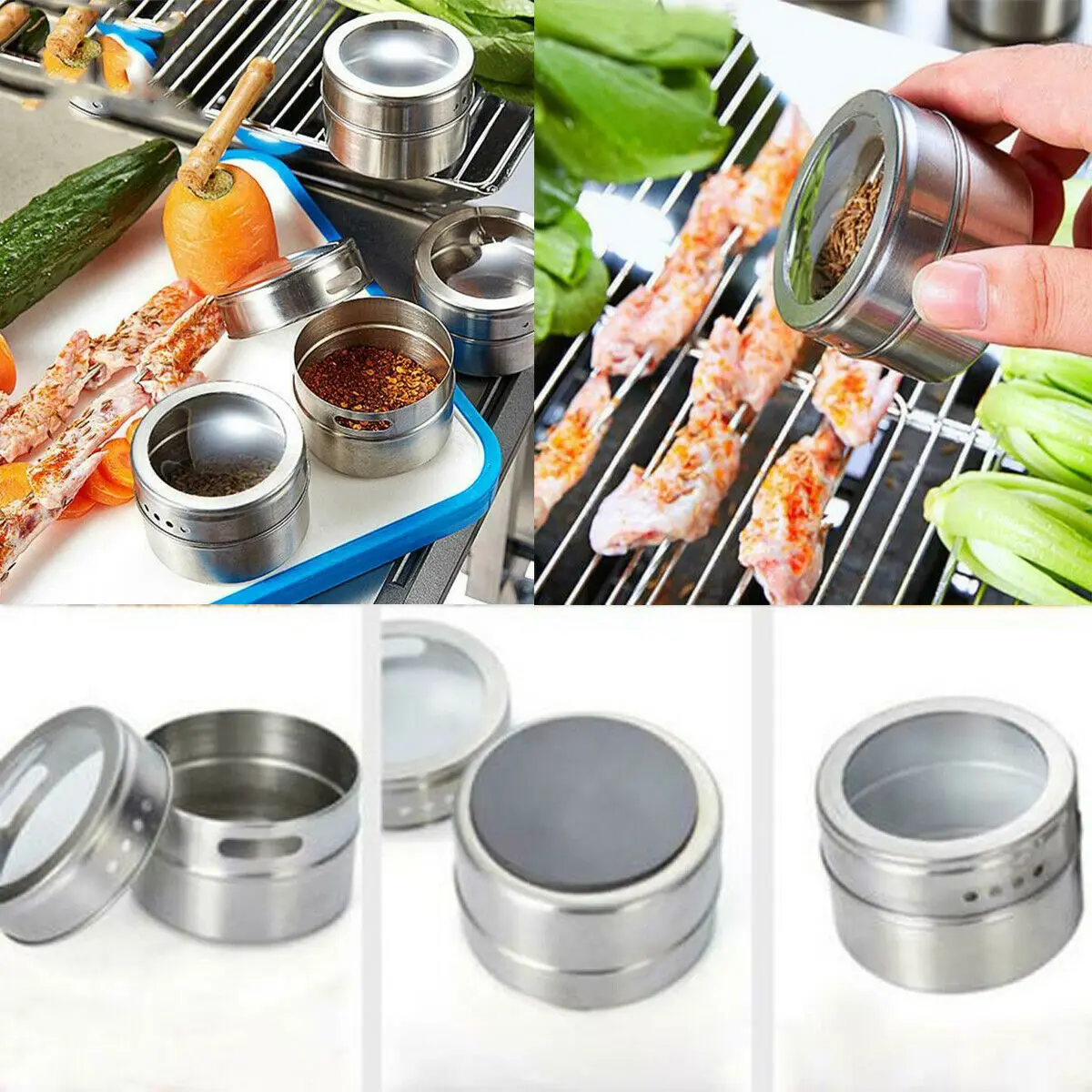 

6Pcs Adjustable Spice Tins Stainless Steel Salt Sugar Pepper Shaker Box Cocoa Icing Powder Containers Home BBQ Picnic Spice Tool