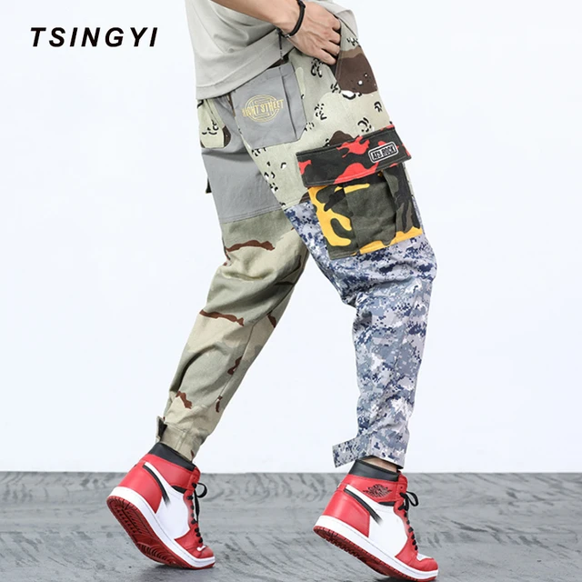 Tsingyi Summer Camouflage Military Men Cargo Pants Spliced Hip Hop Cotton Camo Multi Pockets Drawstring Tactical Mens Joggers