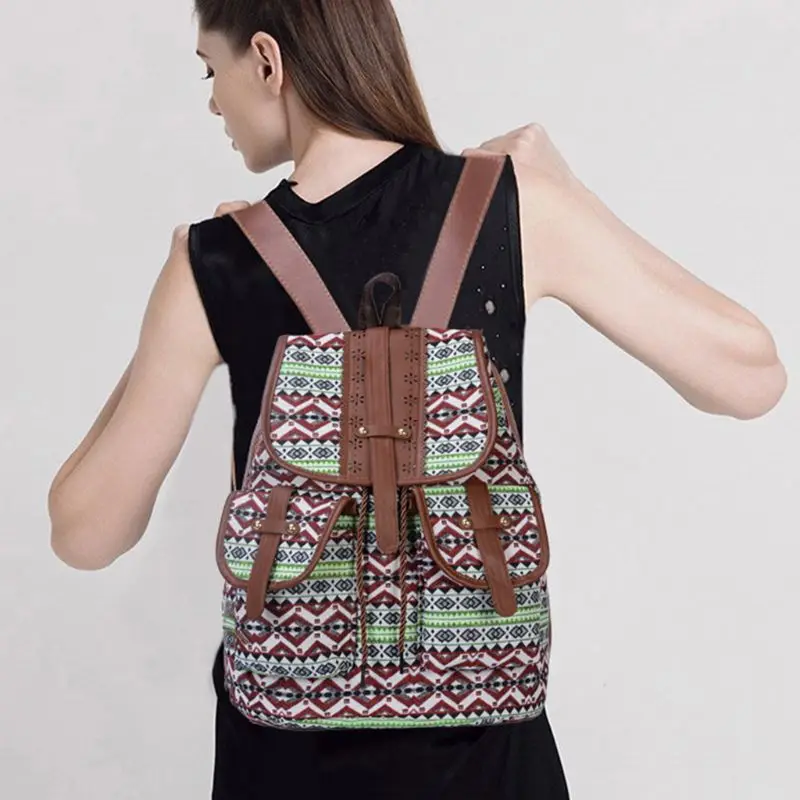 

THINKTHENDO Vintage Print Canvas Ethnic Backpack for Women Girls School Backpacks Drawstring Bohemia Travel Rucksack