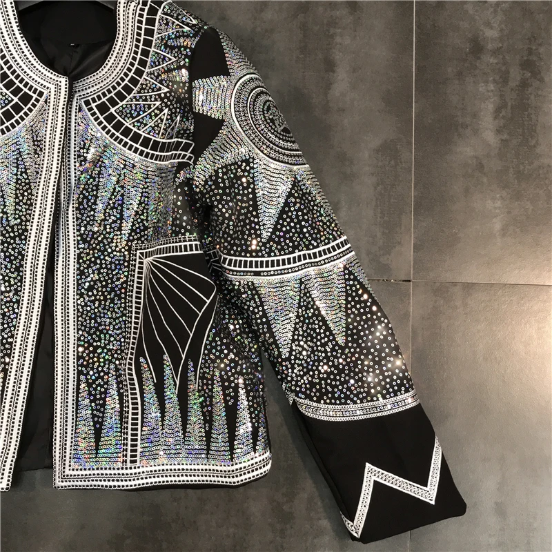 Cakucool для женщин блестящая куртка 2019 серебро блёстки геометрический бомбер куртки O средства ухода за кожей Шеи национальности Embroid пальто