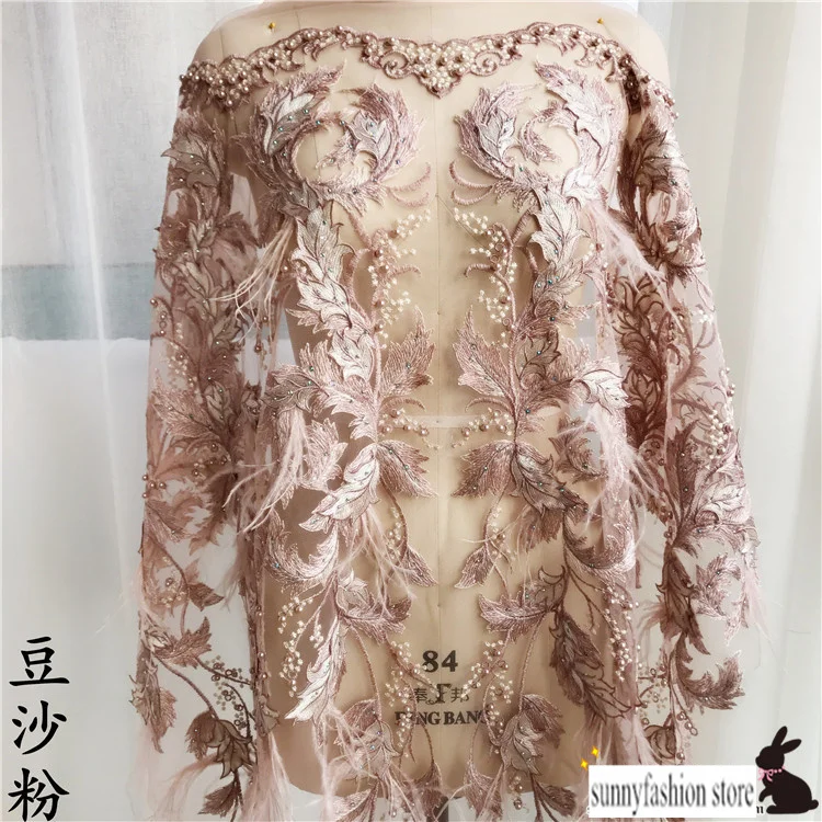 

3D Embroidery Feather Beading Lace Fabric ,Luxury Beading Evening Dress Lace Fabric
