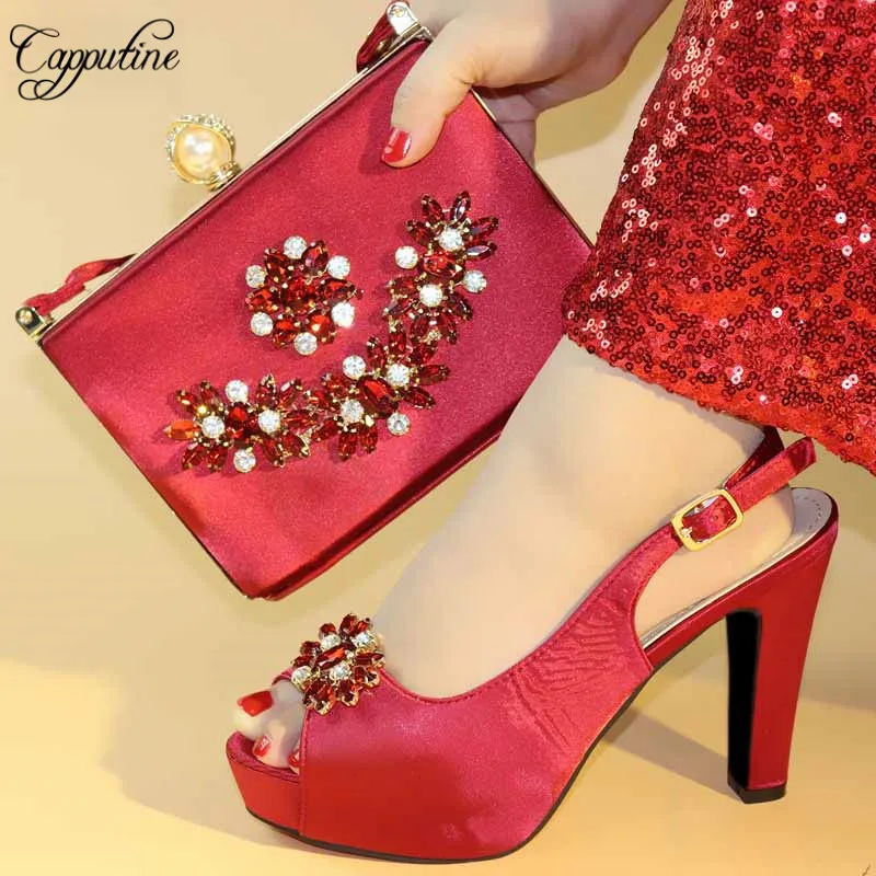 Capputine 2019 New Italian Rhinestone Woman Shoes And Bag To Match Set Nigerian Style High Heels Shoes And Bag Set For Party
