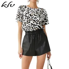 Women Short Petal Flare Sleeves Vintage Leopard Printing Loose Blouse Crew Neck Hollow Keyhole Back Casual Chiffon Tops hotpink crew neck bat sleeves splited back blouse