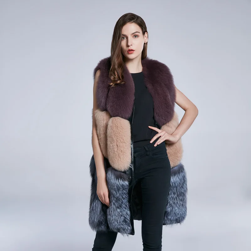 

Autumn and winter women's natural leather fur fox fur coat long fox fur vest warm stitching multicolored 2018 new discount