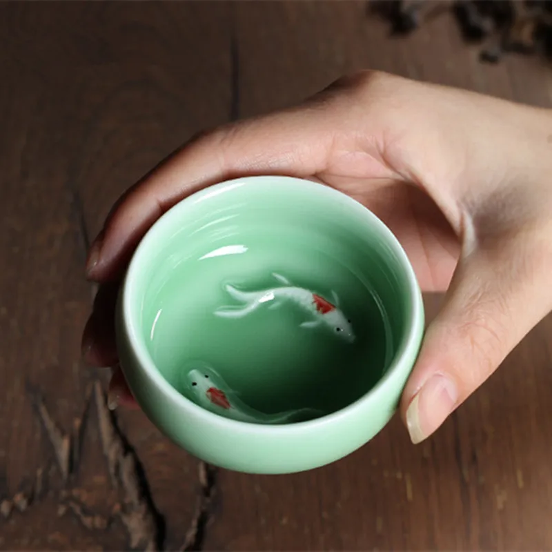

Chinese Tea Cup Golden Fish Cup Chinese Kung Fu Cups 55ML Longquan Celadon Tea Set Porcelain Small Tea Bowl Free Shipping