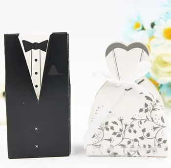 

100Pcs Tuxedo Dress Candy Box Groom Bridal Wedding Favours Gift Box Ribbon Candy Boxes Sugar Case Wedding Favors