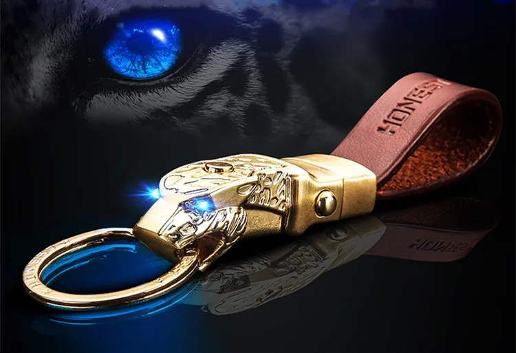 Креативный светодиодный Леопардовый головной фигурный брелок из натуральной воловьей кожи брелок с кольцом для ключей Автомобильный Брелок Подарки для автомобилей