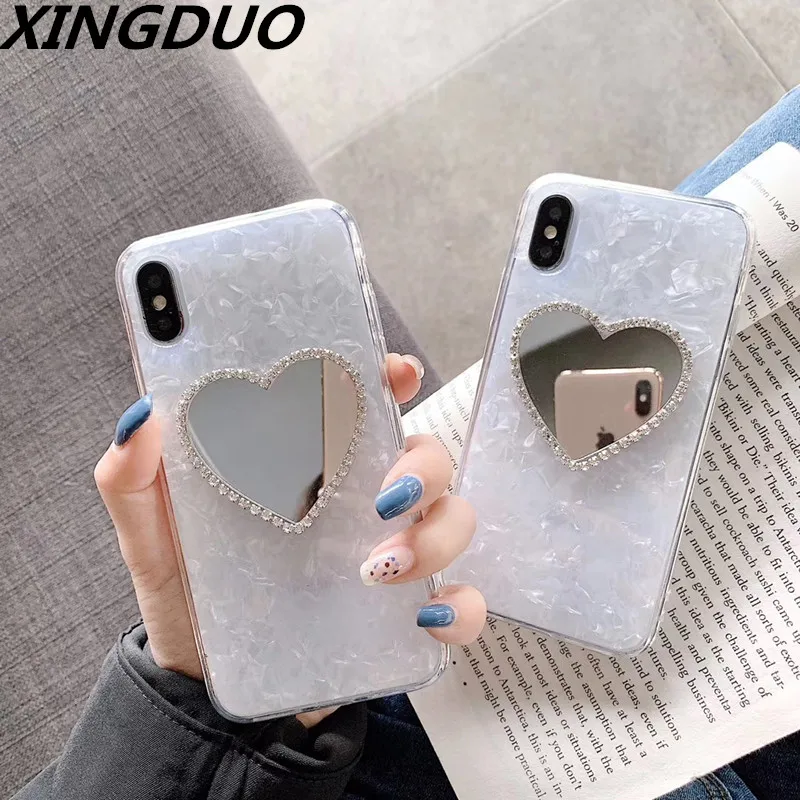 

XINGDUO Jewelled Rhinestone Case for iphone X XR XS MAX Phone case cute love heart makeup mirror shell for iphone 6 6s 7 8 plus