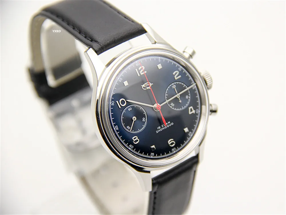 

Seagull Movement Mechanical Chronograph Mens Wrist watch Pilot Official Reissue 304 Red Star 1963 Flieger exibition Blue Dial