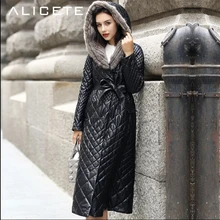 Горячее предложение новые зимние модные сексуальные тонкие длинные пальто из натуральной кожи женские кожаные пуховики пальто с капюшоном