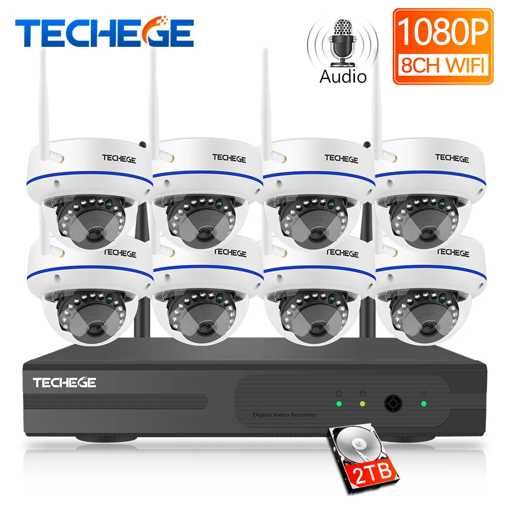 Techege 8CH 1080P H.265 Беспроводной NVR комплект 2.0MP аудио запись оповещения электронной почты Антивандальная ip-камера безопасности системы видеонаблюдения