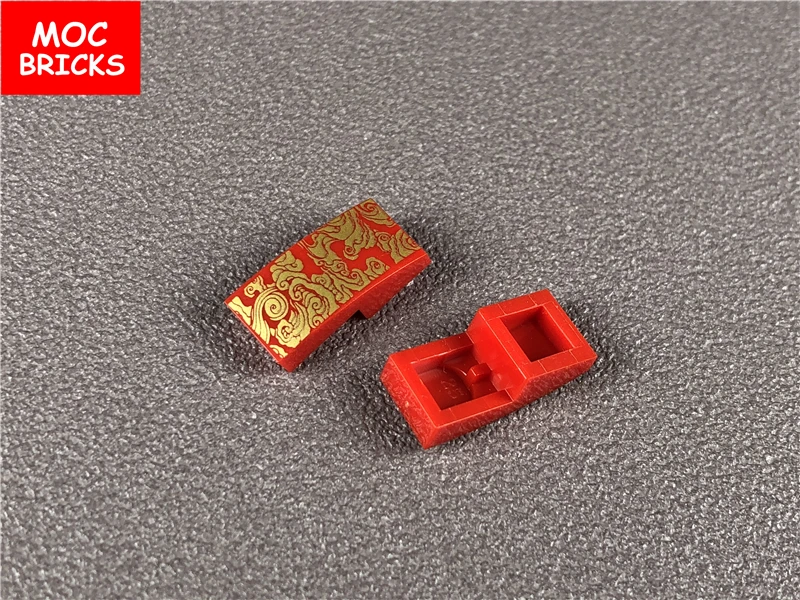 

10pcs/lot MOC Bricks Red Slope, Curved 2 x 1 No Studs with Golden clouds pattern Building Blocks Figure DIY Toys for kids gifts