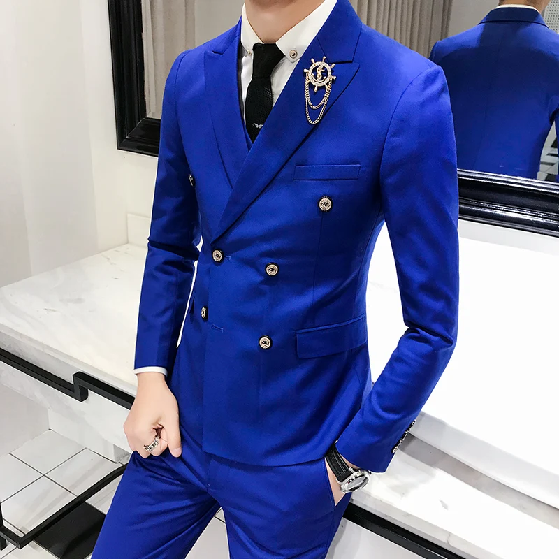 

3 piece set / men's double-breasted solid color slim suit, fashion business casual solid color blazer, wedding banquet dress set