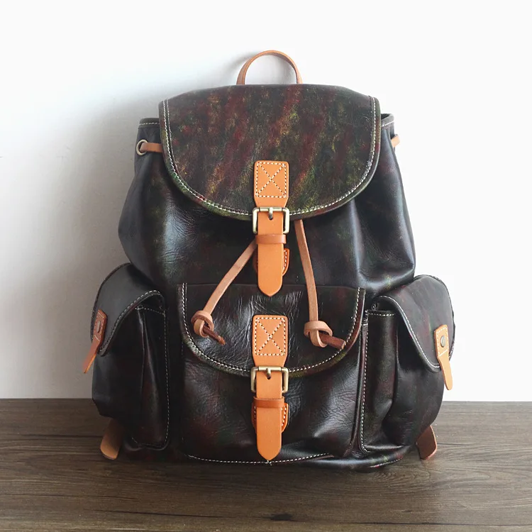 2017 Unisex Genuine leather school backpack vintage cow leather travel knapsack hand coloring high quality coffee cowhide pack