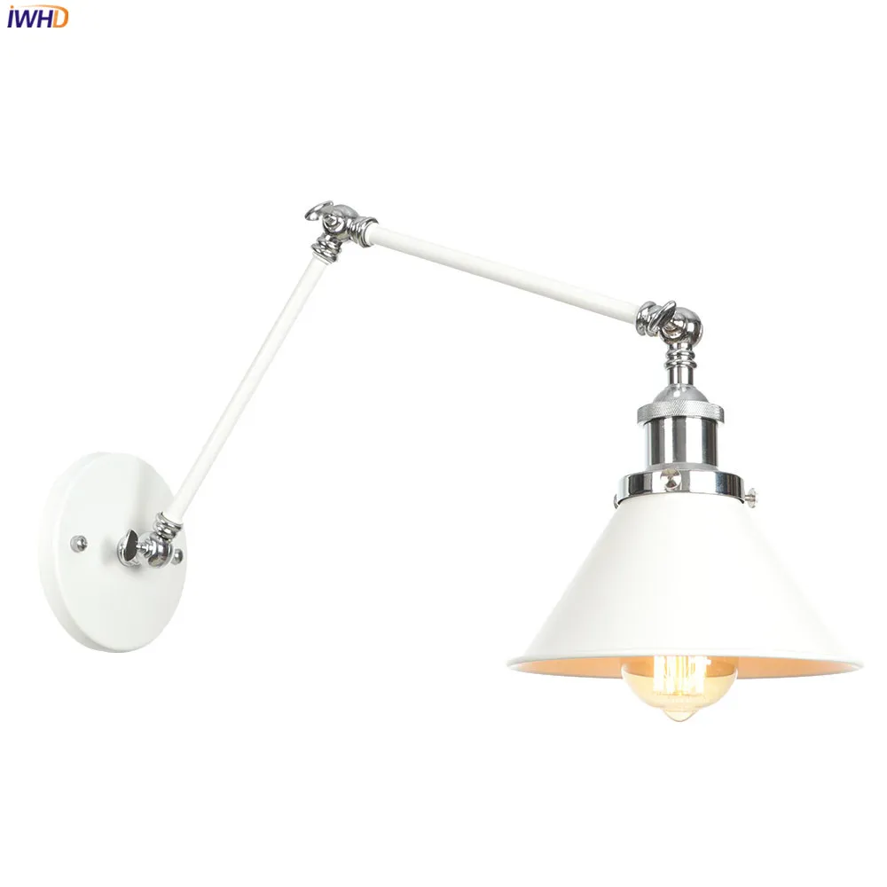 IWHD White Long Arm Vintage Wall Lamp Beside Bedroom Living Room Edison Loft Industrial Style Retro Wall Lights Fixtures LED