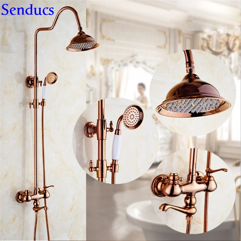 Senducs Rose Gold Shower Set with High Quality Solid Brass Bathroom
