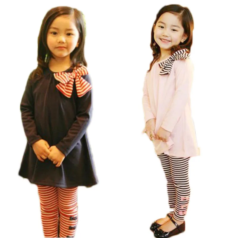 Children's clothing set cute girl casual wear spring autumn children's girls big bow decoration striped clothes girls clothing
