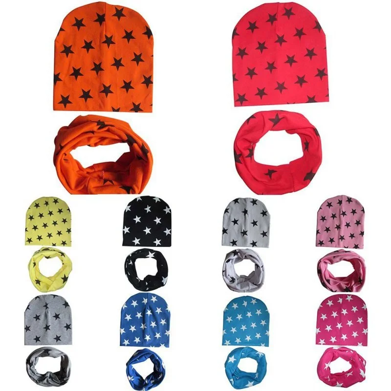

Cotton Baby Hat Scarf Spring Star Print Children Caps Scarves Boys Girls Warm Beanie Collar Set Autumn Children Hat Set 2Pcs/Set