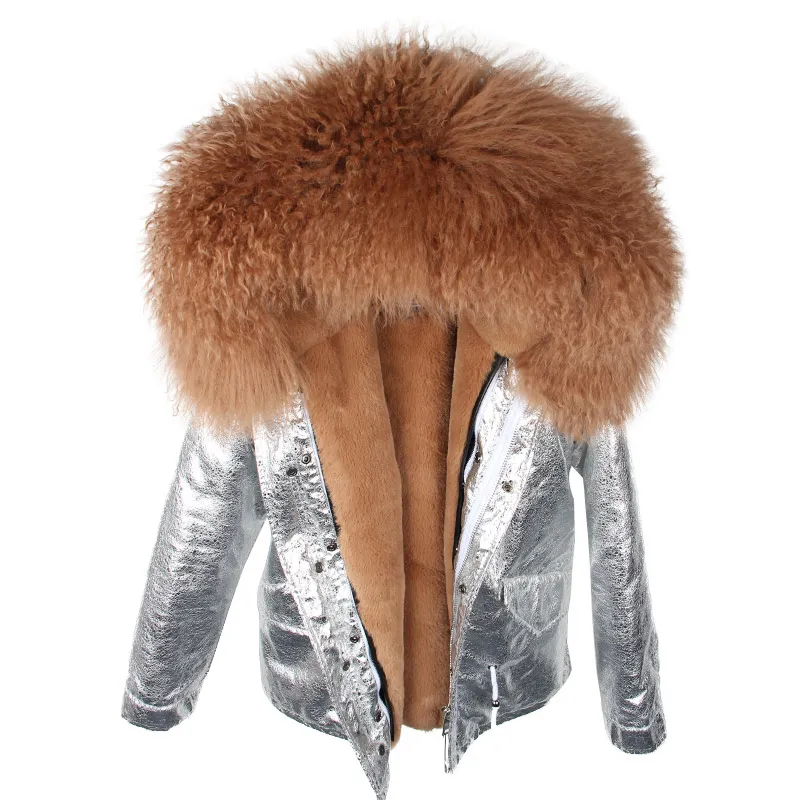 

2018 women's winter parka real fur coat short parka natural Mongolia Sheep Fur collar hood thick warm streetwear casual brand