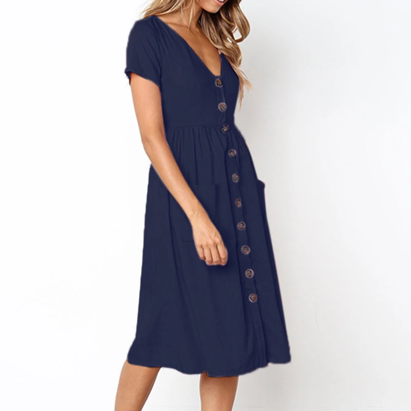 Women's Sexy Summer Dresses 2019 Boho Short Sleeve Button Solid Midi Dress Sundress With Pockets Lady Beach Party Dress Vestidos