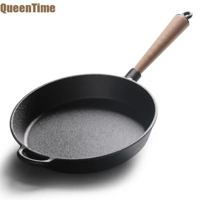 QueenTime Cast Iron Skillet Non Stick Frying Pan With Wood Handle