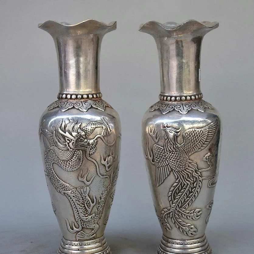 

9 China Silver Auspicious Animal Flying Dragon Phoenix Head Statue Vase Pot Pair