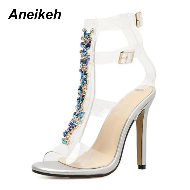 US $19.78 Aneikeh New Summer Sandals Women Buckle Strap Luxurious Blue Crystal Chain Transparent Pvc High Heel Open Toe Sandals Shoes