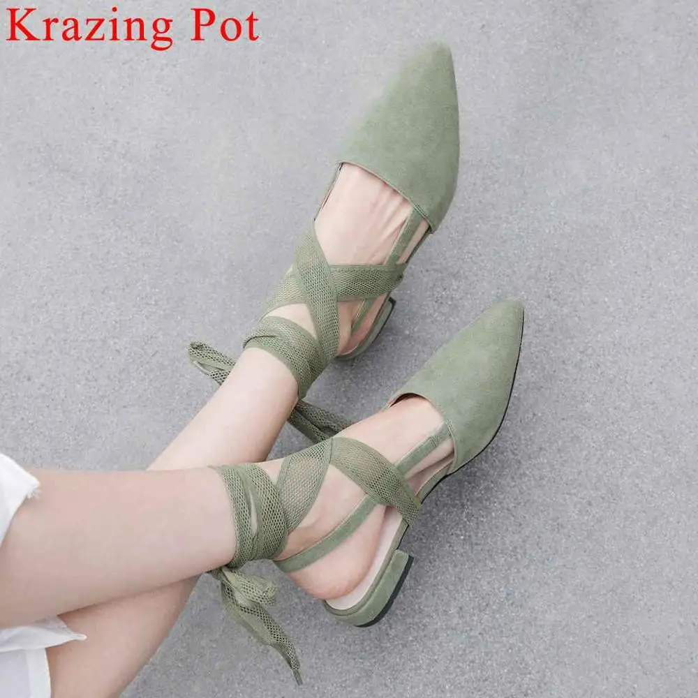 

Krazing Pot sweety girls lace up women pumps pointed toe bowtie natural leather slingback princess style low heels shoes L5f1