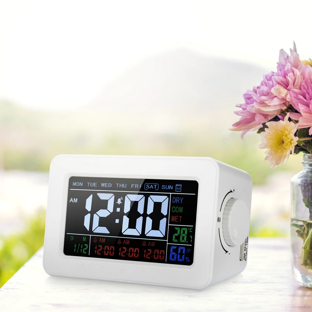 

Digital Thermometer Hygrometer Clock Temperature Humidity Meter 3 Alarm Clocks Snooze Color LCD Display with Switchable