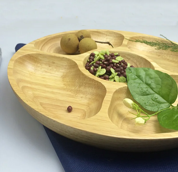Экологическая креативная столовая посуда с порционными отделениями Высококачественная деревянная тарелка для фруктов круглая чаша для фруктов контейнер 7