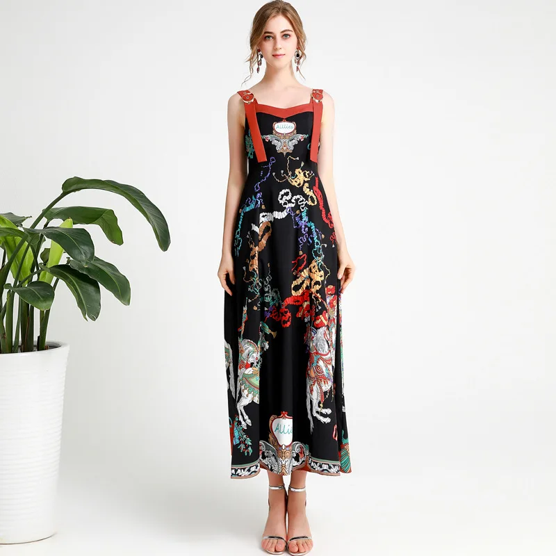 

France style elegant slip dress 2019 summer runways fashion print party dress A680