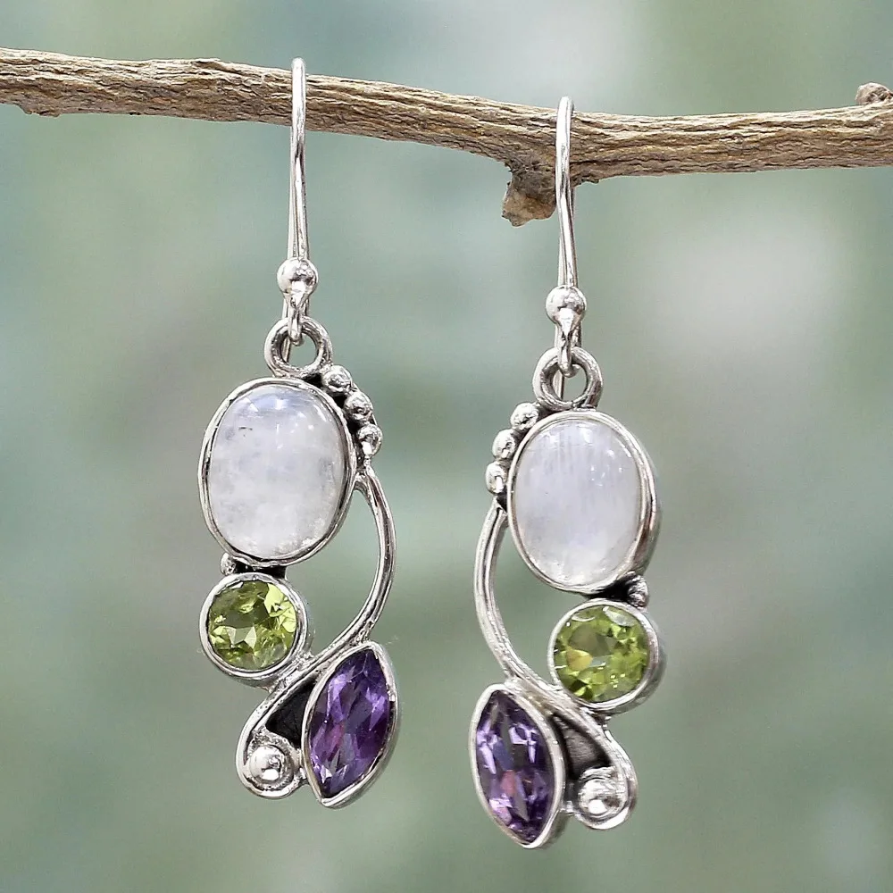 8Seasons Vintage Plastic Geometric Drop Earrings Purple Green Rhinestone Long Dangle Women Fashion Jewelry Accessories | Украшения и