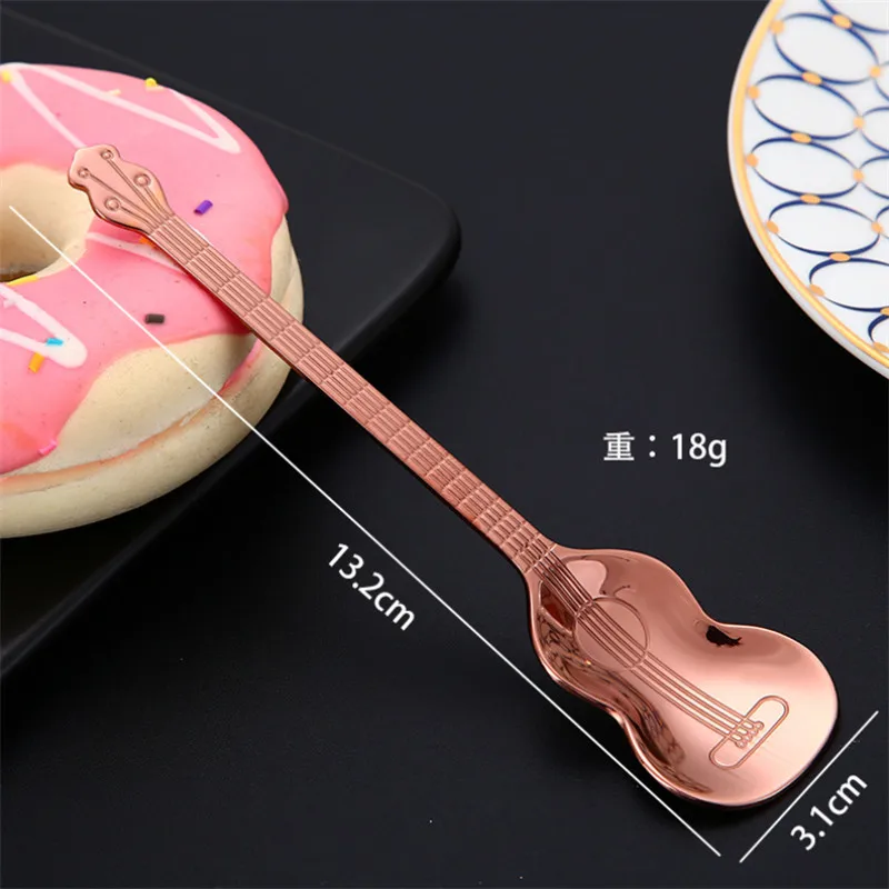 1 шт. кофейная ложка из нержавеющей стали форма гитары музыкальная тема чайная ложка для перемешивания ложка для мороженого и десертов чайная ложка столовые приборы подарок - Цвет: Rose Gold