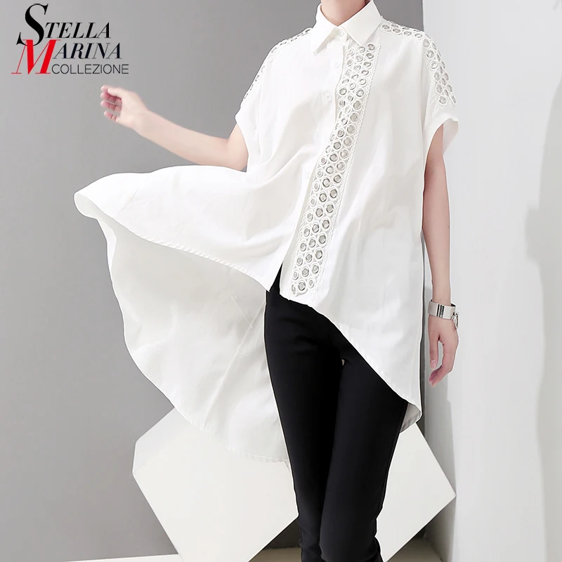 

2019 Korean Style Women Summer Tops White Blouse Shirt Long Back Metal Holes Female Plus Size Feminine Shirt chemise femme 5079